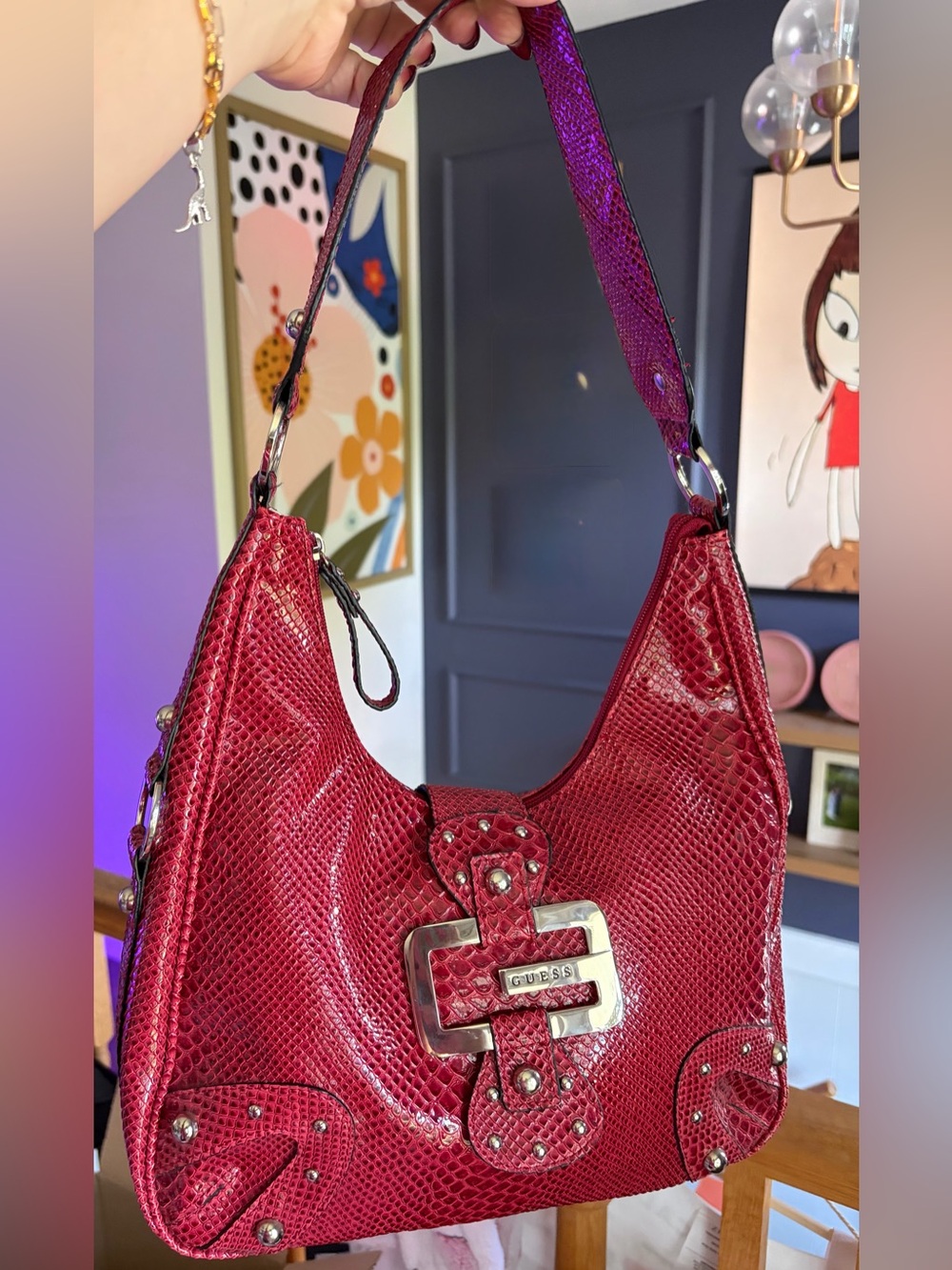 Guess red Snake-Embossed Shoulder Bag